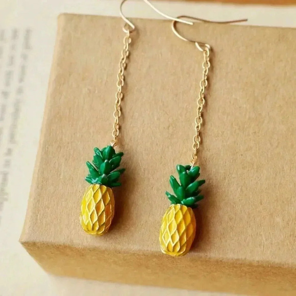 Fashion Jewelry Jewelry - Handmade Enameled Pineapple Charm Dangle Gold Plated Chain Earrings